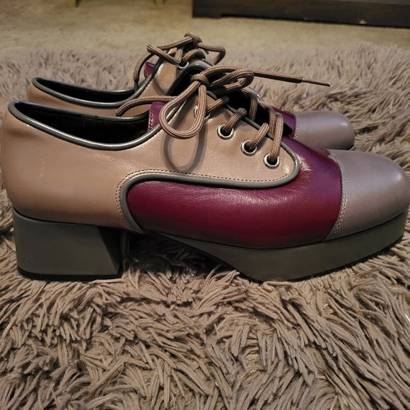 Jeffrey Campbell School Platform Leather Lace Up Oxfords Tan Burgundy Size 10 - Picture 4 of 6